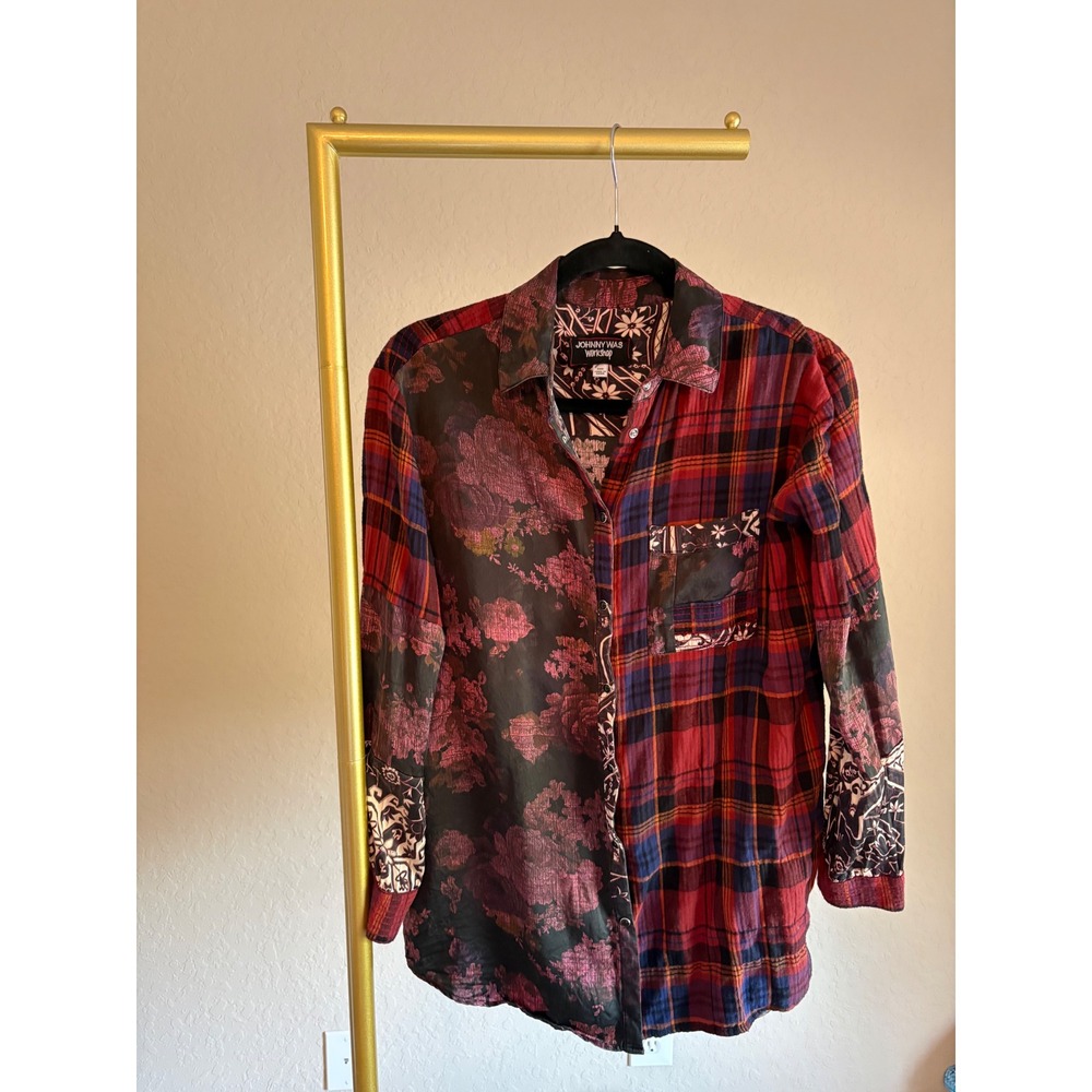 Johnny Was Workshop Shirt‎ Mixed Media Silk Plaid Floral XXS Patchwork Cowgirl